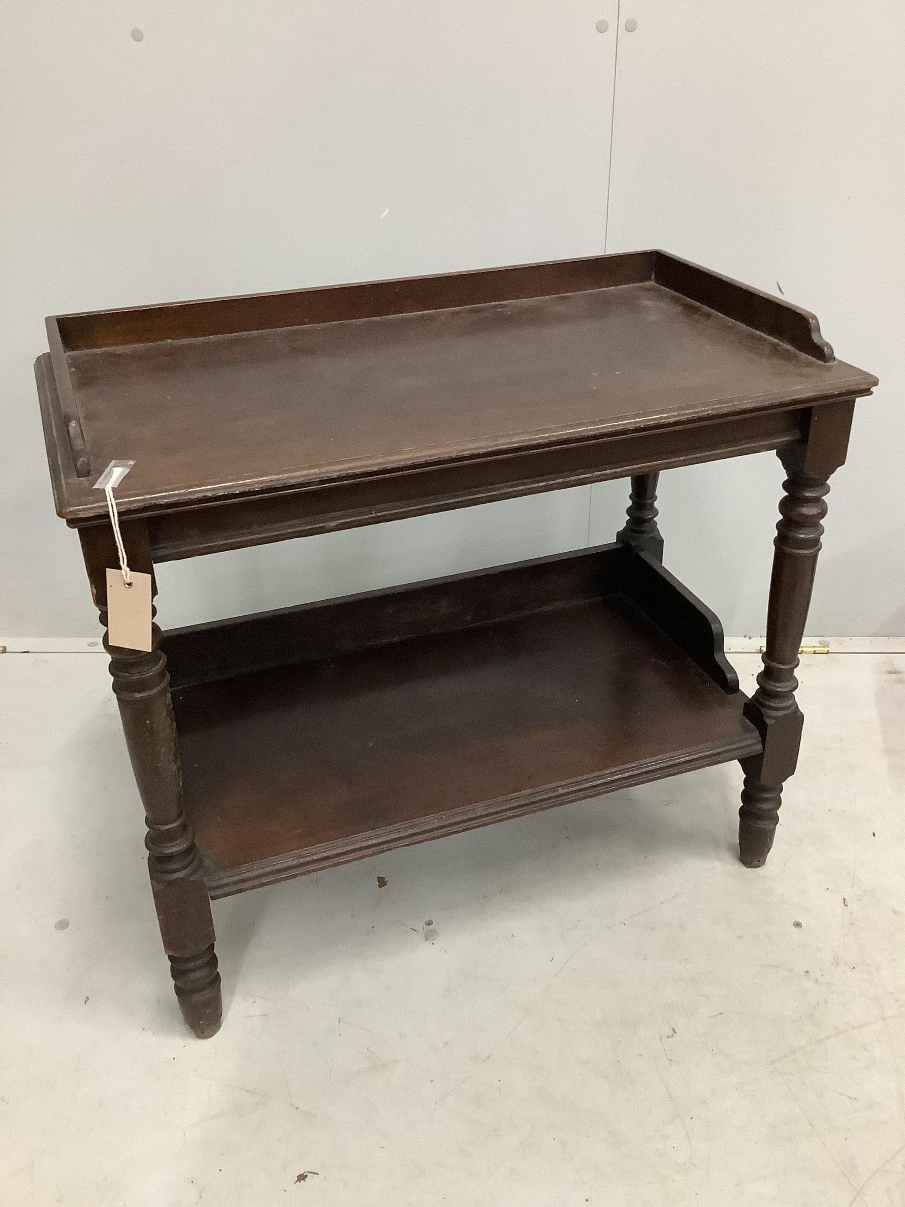 A 19th century pine stool with simulated painted grain together with an Edwardian two tier circular occasional table and one other two tier table. Condition - poor to fair